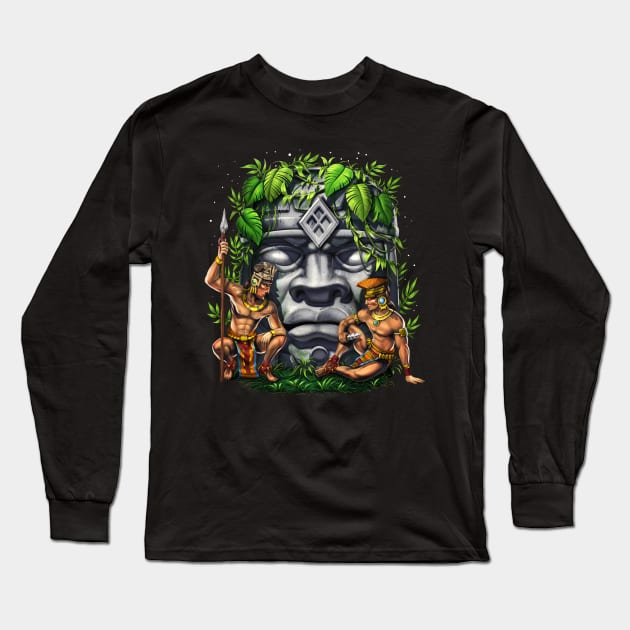 Olmec Head Warriors Long Sleeve T-Shirt by underheaven